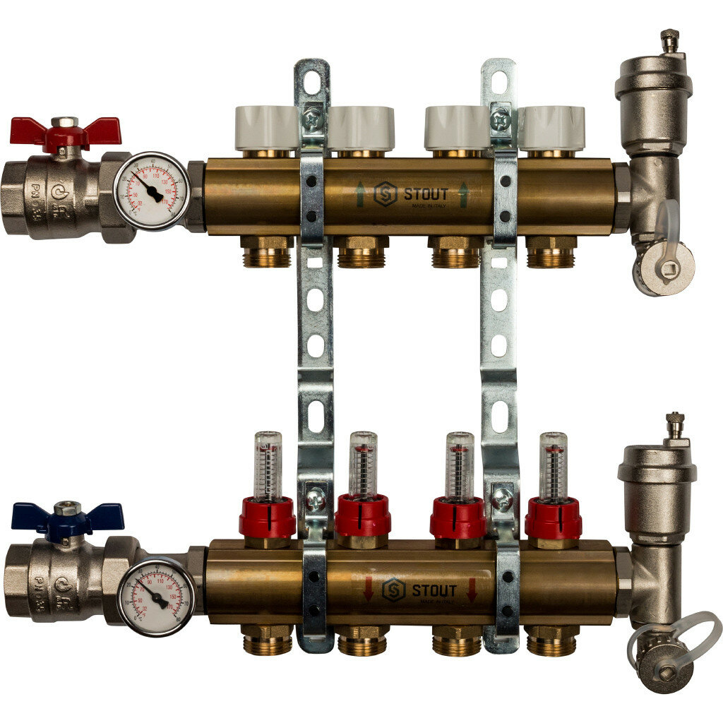 Коллектор Stout распределительный из латуни с расходомерами 1/3/4x4, SMB 0473 000004