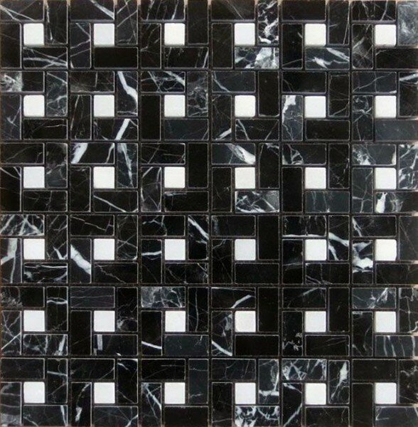 Мозаика каменная BW02 Nero Marguina pol.1.5x3.2 +Pure White Pol 1,5x1,5 на сетке 30.5x30.5