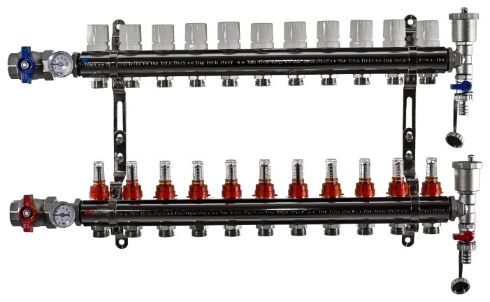 Коллекторная группа Tim (KA011) 1quot;, 11 вых., расходомер, воздухоотводчик, сливной кран, термометр