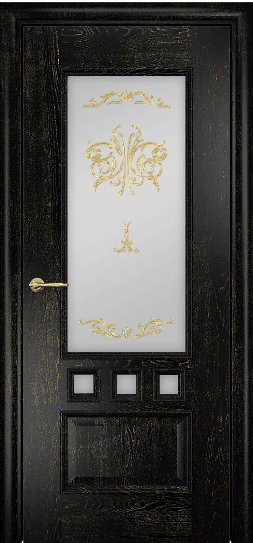 Оникс / Фортрез Межкомнатная дверь Амстердам со стеклом Цвет: чёрная эмаль с золотой патиной