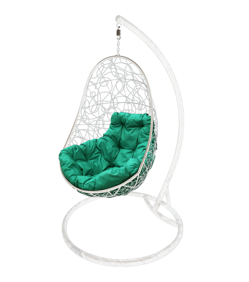 Кресло подвесное quot;Овалquot; с ротангом, с зелёной подушкой Белое