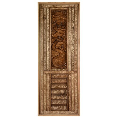 Дверь с резной объёмной вставкой (высота панно 95 см), искусственно состарена,1,9х0,7 м.,липа Класс А, коробка из сосны ,с ручками и петлями Банные Штучки
