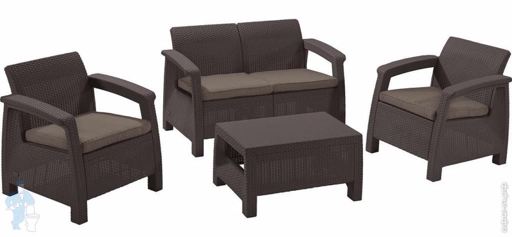 Комплект мебели KETER CORFU SET (128x70х79), диван+2 кресла+стол, коричневый