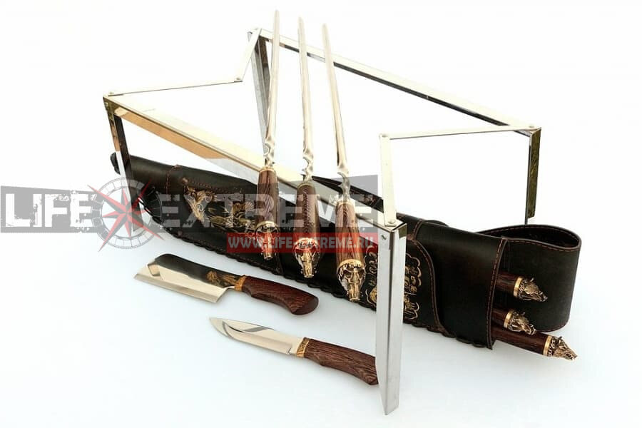 Подарочный набор шампуров кабан в кожаном чехле с ножом и тяпкой